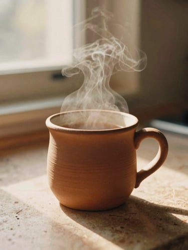A warm editorial photograph of a thick-rimmed terracotta mug steaming with tea on a lived-in kitchen counter, golden-hour window light, tactile clay textures, 35mm film