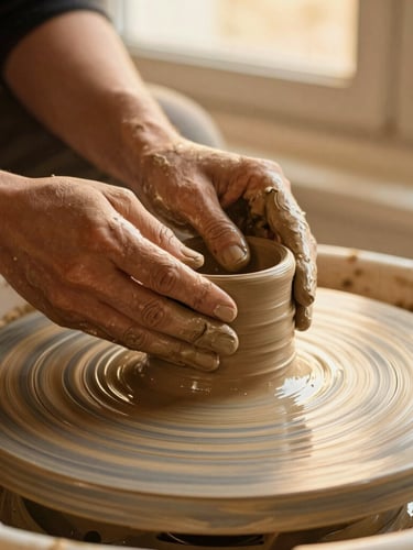 Close-up of wet clay spinning on a wheel, hands covered in slip, warm golden-hour side lighting highlighting the tactile clay ridges.
