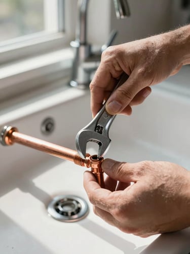 Close-up of a plumber's hands gripping a pipe wrench tightening a copper joint under a sink, daylight from a nearby window casting clean shadows on the fitting, no face visible