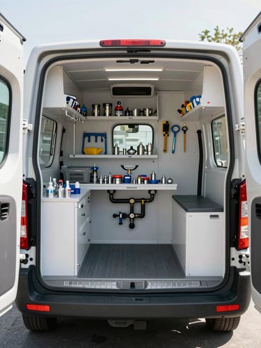 Interior of a well-organized plumbing service van, tools and fittings arranged in labeled slots along the walls, clean and ready, shot from inside the open rear doors under bright daylight, no people visible