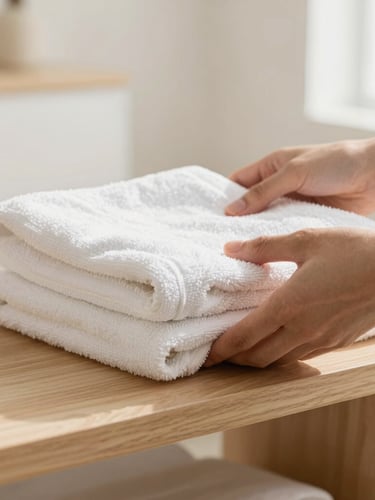A close-up of hands neatly placing a crisp, freshly folded white linen towel on a clean wooden shelf, soft daylight, warm neutral tones, shallow depth of field.
