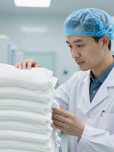 Portrait-oriented close-up of a technician in a clean lab coat inspecting a stack of perfectly white, freshly laundered medical linens under bright industrial lighting, emphasizing meticulous quality control.
