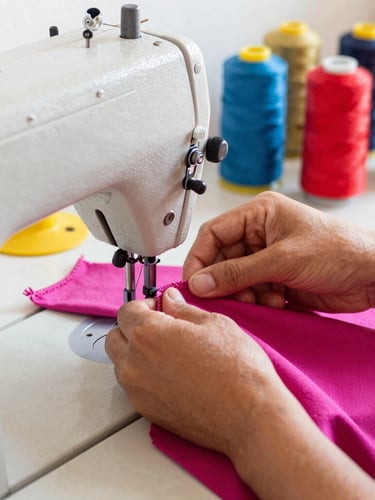 Close-up of artisan hands carefully stitching a bright magenta fabric on a vintage sewing machine in a warm, sunlit workshop in Celaya, colorful thread spools in the background, shallow depth of field