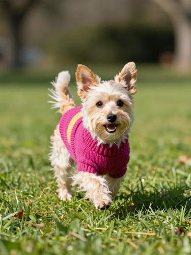 Vibrant editorial photography of a happy small dog running in a sunny park wearing a colorful hand-knitted magenta sweater, bright natural daylight, eye-level shot