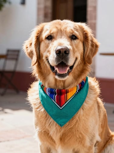 Vibrant eye-level portrait of a happy Golden Retriever wearing a colorful handcrafted Mexican teal bandana, sitting in a sun-drenched patio in Guanajuato, bright natural daylight, 35mm photography