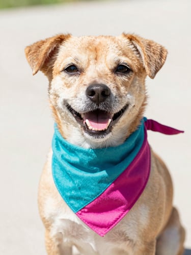 Close-up of a happy small dog wearing a colorful teal and magenta artisanal bandana, bright natural daylight, eye-level portrait
