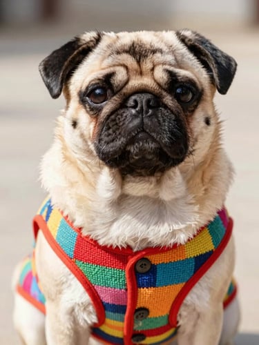 Bright editorial photo of a calm pug wearing a colorful hand-woven vest, showing the precise fit around the neck and chest, warm daylight.
