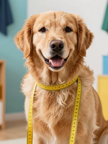 Close-up photography of a tailor measuring a cheerful golden retriever with a soft yellow measuring tape inside a bright, colorful workshop, warm daylight