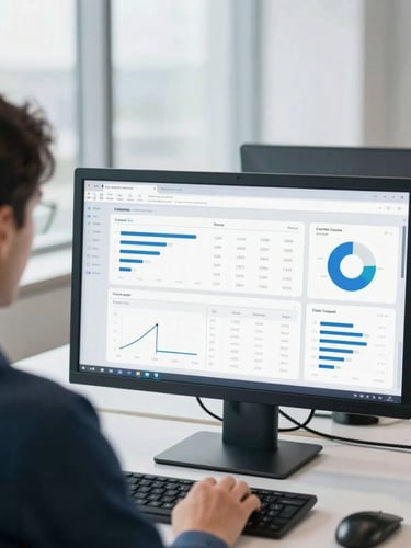 Over-the-shoulder view of a professional analyzing clean data dashboards on a monitor in a bright, modern corporate office with cool slate tones.