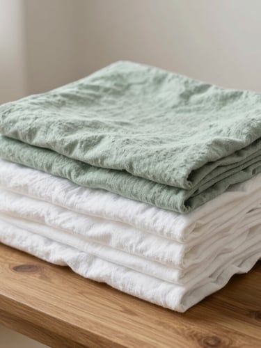 Clean minimalist photography of neatly folded linen stacks on a wooden table, soft natural morning daylight, calming sage green and crisp white tones, shallow depth of field