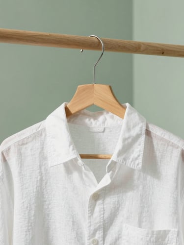 Close-up of a wooden hanger holding a freshly steamed linen shirt, soft morning light, minimalist laundry room with sage green wall accents