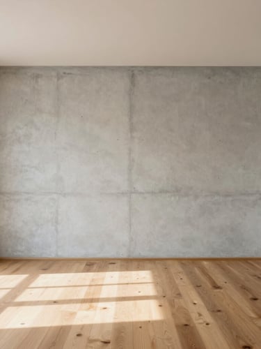 Symmetrical interior architectural shot of a bright minimalist living room, raw concrete wall, warm oak floors, soft natural overcast light casting clean shadows, 35mm lens