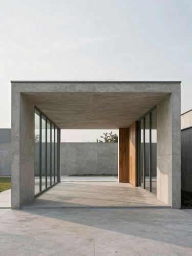 Straight-on symmetrical architectural photography of a minimalist concrete and glass pavilion, soft overcast daylight, casting long clean shadows, 35mm lens