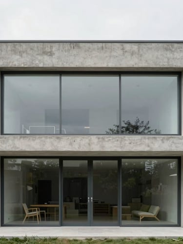 Straight-on architectural photograph of a minimalist concrete and glass villa facade in Vitré, overcast natural light, sharp focus, raw concrete texture, 35mm lens