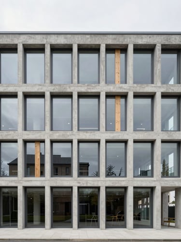 Straight-on architectural photography of a modern concrete office building in Vitré, soft overcast daylight, clean lines, sharp focus, 35mm lens