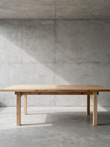 Interior wide-angle elevation of a minimalist concrete and timber workspace, natural light casting long clean shadows, sharp focus