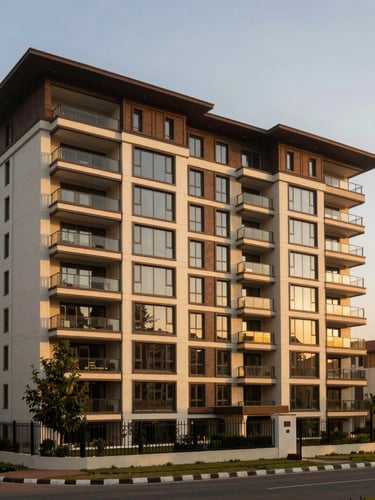 A wide-angle environmental shot of a premium residential development in Abuja under warm golden hour light, sharp focus, architectural photography