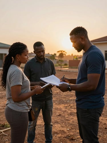 A professional site inspection in Abuja during golden hour, a client and advisor reviewing land boundary documents, warm sunlight, 35mm lens