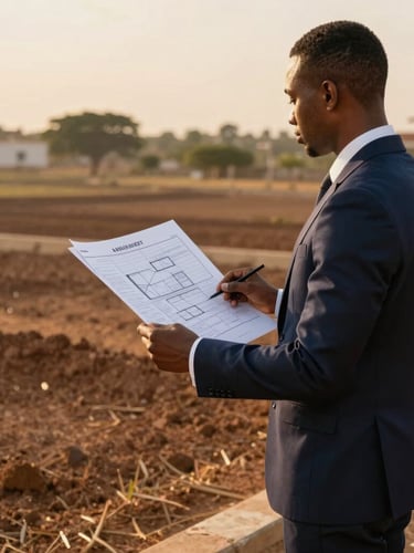 A professional real estate advisor in a sharp suit standing on a sunny, clearly demarcated Abuja land parcel, holding site plans, warm golden hour light, architectural focus, 35mm lens