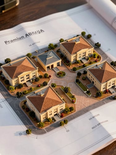 Overhead architectural site plan of a premium Abuja residential estate, clean drafting lines, warm golden hour light, professional blueprint layout