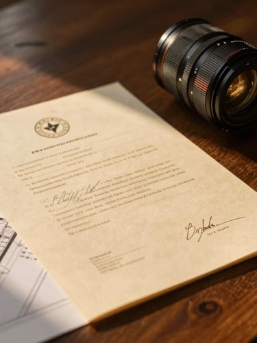 Close-up of signed deed documents and architectural site plans on a dark wooden table, warm golden hour light, sharp focus, 35mm lens