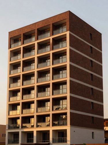 Warm editorial architectural photography of a premium residential development in Abuja, golden-hour natural sunlight, rich deep tones, sharp focus, 35mm lens.