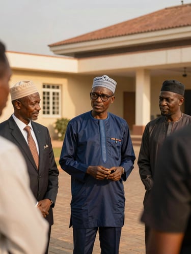 Medium shot of professional advisors guiding clients on-site in Abuja, warm late-afternoon sunlight, sharp focus.
