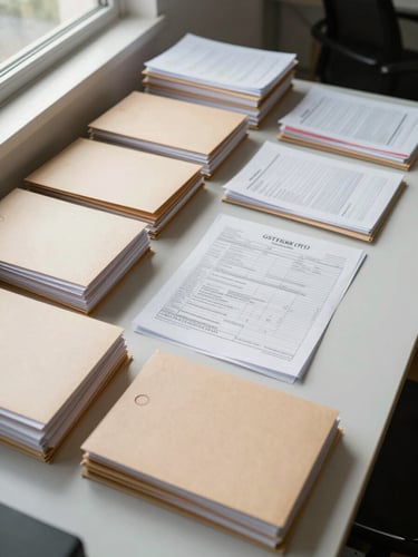 Overhead view of a neatly organized office desk, stacks of tax filing folders arranged in rows, a printed GST return form visible in the center, cool natural daylight from a window to the left, clean and orderly