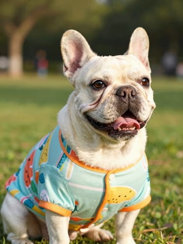 Bright lifestyle photo of a happy French Bulldog wearing a colorful summer shirt, sitting outdoors in a sunny park, close-up shot, 35mm lens