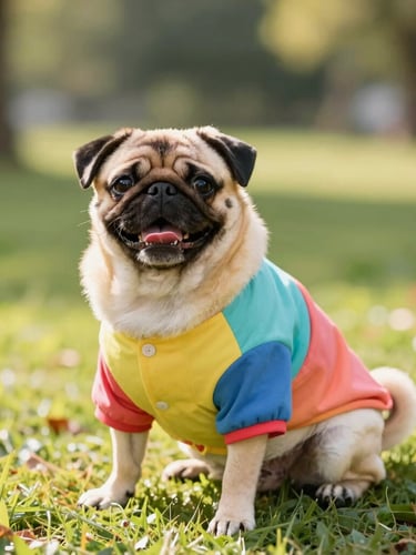 Bright lifestyle pet photography of a happy pug wearing a colorful custom-tailored shirt, sitting in a sunny park, bright natural daylight, 35mm lens.