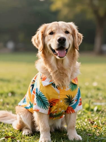 Bright lifestyle pet photography of a happy golden retriever wearing a colorful tropical shirt, sitting in a sunny park, natural golden-hour daylight, shallow depth of field, 35mm lens