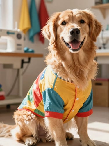 Bright lifestyle pet photography, a happy golden retriever wearing a colorful artisanal shirt sitting in a sunlit home workshop, sewing machines and colorful fabrics softly blurred in the background, warm daylight, 35mm lens