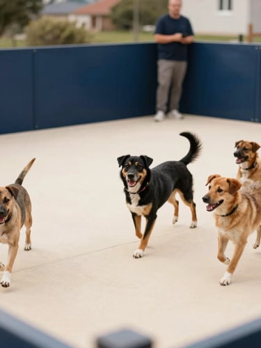 Wide panoramic shot of several happy dogs playing actively in a clean, double-fenced outdoor yard, staff member supervising in the background, soft natural daylight, rich navy and warm cream tones, shallow depth of field, 35mm, warm editorial photography.