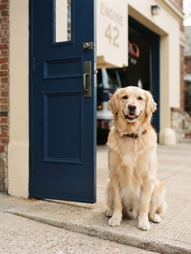 A happy golden retriever sitting patiently next to a clean, well-maintained fire station door, with soft natural daylight. Eye-level framing, shallow depth of field.