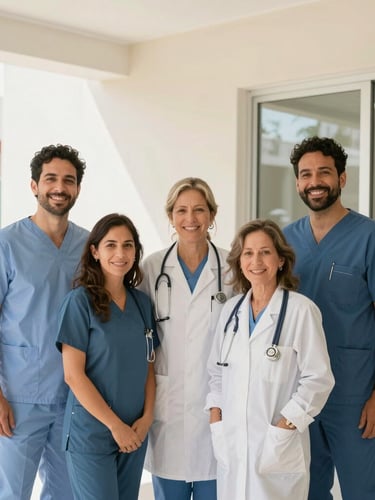 A warm editorial portrait of a veterinary family team standing outside a clean, modern clinic in Mexico, soft natural daylight, professional 35mm.