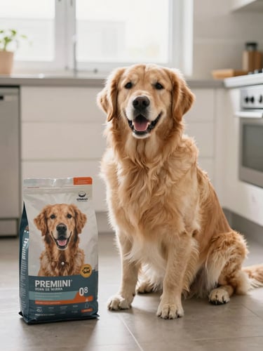 A happy golden retriever sitting next to a bag of premium dog food on a clean kitchen floor, soft morning light, warm editorial photography