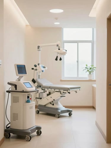 A clean, modern veterinary clinic corridor with advanced medical equipment visible in the background, soft warm lighting, professional clinical atmosphere
