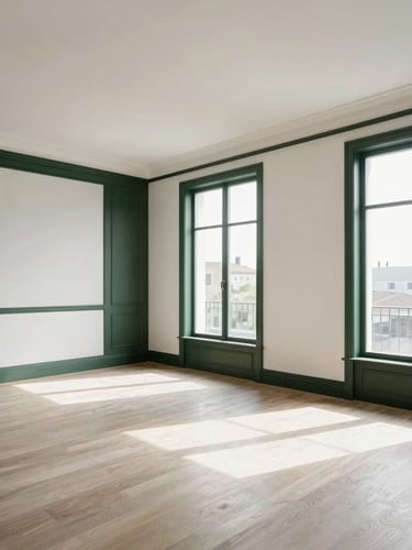 Wide-angle architectural shot of a freshly painted modern apartment living room with clean white walls, crisp dark trim, bright natural light pouring through large windows, elegant minimal design