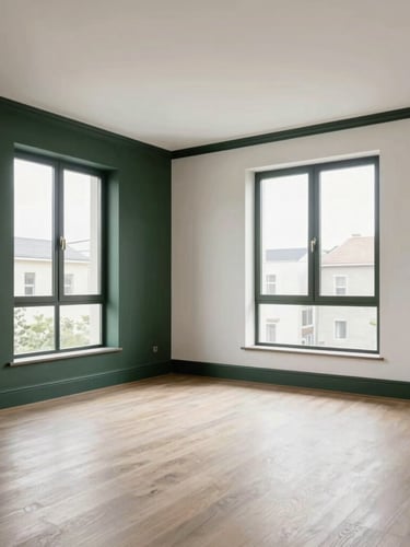 Bright natural daylight flooding an empty modern apartment interior with freshly painted white walls and crisp dark trim, wide-angle professional architectural photography.