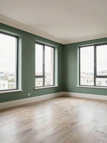 Wide-angle professional architectural photography of an upscale, empty modern apartment interior. Bright natural daylight floods through large windows onto freshly painted walls with crisp trim.