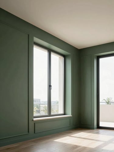 Professional architectural photography of a modern luxury apartment interior, freshly painted walls with crisp trim, natural daylight flooding through a large window, elegant minimalist design.