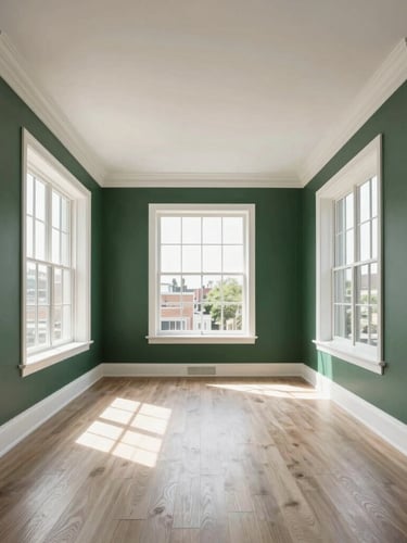 Wide-angle architectural photograph of a modern, upscale apartment living room with freshly painted deep forest green accent walls, clean white trim, and sunlight streaming through large windows.