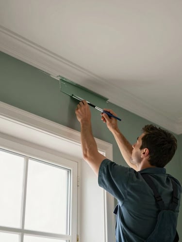 Close-up of a professional commercial painter in a clean uniform carefully painting a crisp edge near high-end crown molding, natural window light.