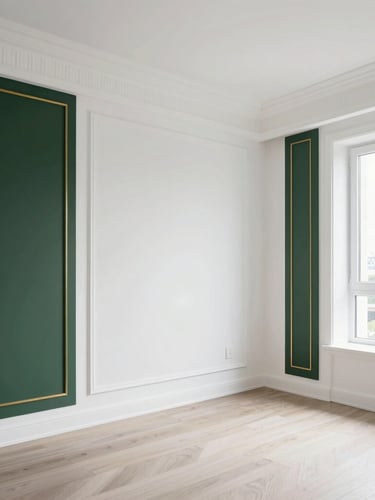 Professional architectural photograph of a freshly painted luxury apartment bedroom, pristine white walls, natural daylight, elegant dark green and gold accents, clean trim, no people