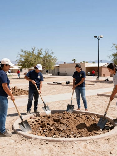Dynamic wide shot of Mexicali volunteers in bright desert sunlight, holding shovels and smiling next to a newly cleaned park, vibrant documentary style.