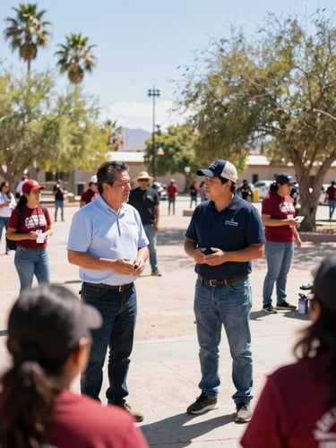 Regidor Alfredo Wong and community leader Alejandro Buenrostro talking with volunteers at a sunny outdoor park in Mexicali, documentary style.