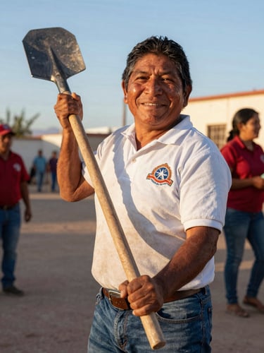 Close-up of a smiling Mexican volunteer holding a shovel, warm golden hour sunlight, authentic community action in Mexicali