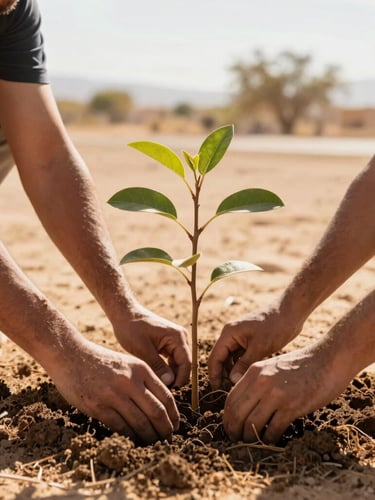 Close-up of hands planting a young tree in a desert park, rich soil, bright warm Mexicali golden hour sunlight, authentic action.