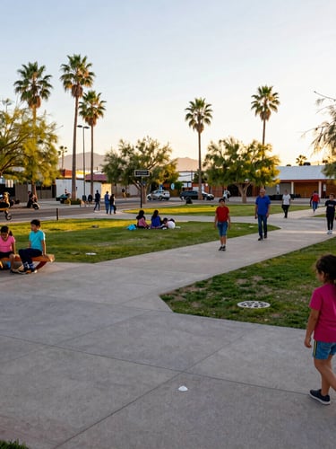 Wide environmental shot of a vibrant community park in Mexicali filled with families, children playing, clean streets, sunset light
