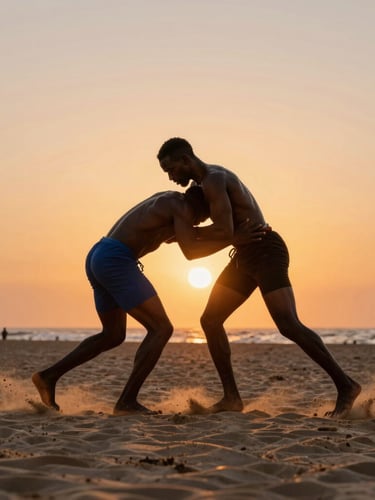 Dramatic side-lit action shot of a West African wrestler training on the beach in Dakar, orange sunset glow, muscular definition, sand flying, 35mm